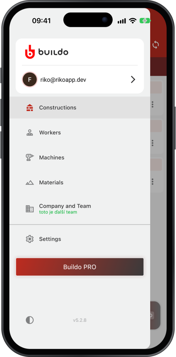 Constructions, workers, machines, materials, team