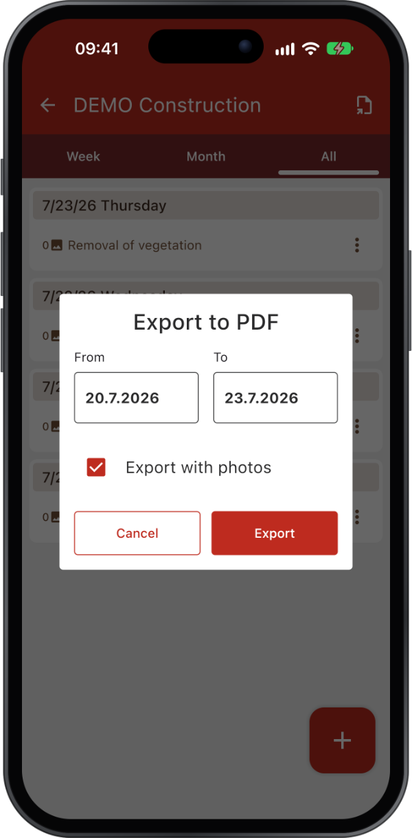 Export a date range to PDF, with photos