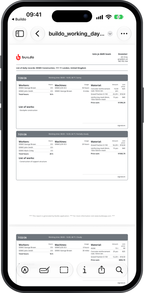 The PDF report, generated on the phone