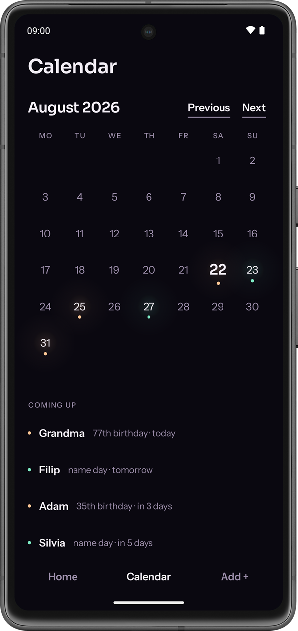 Month calendar with the names each day carries