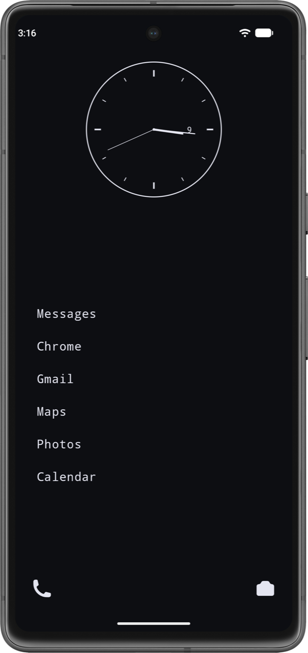 Home: an analog clock and the six apps you chose