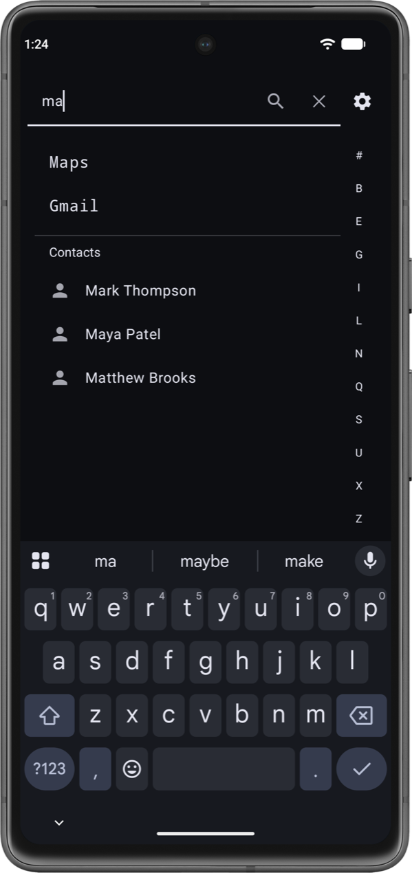 Search finds apps and, if you opt in, contacts