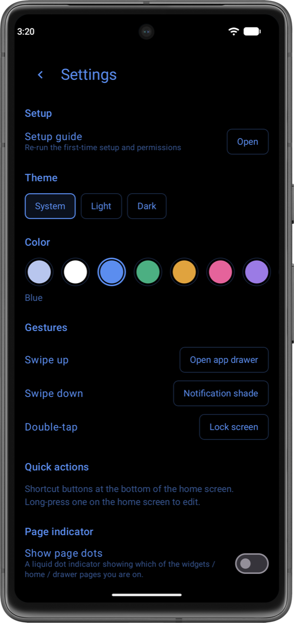 Settings: theme, accent colour and gestures