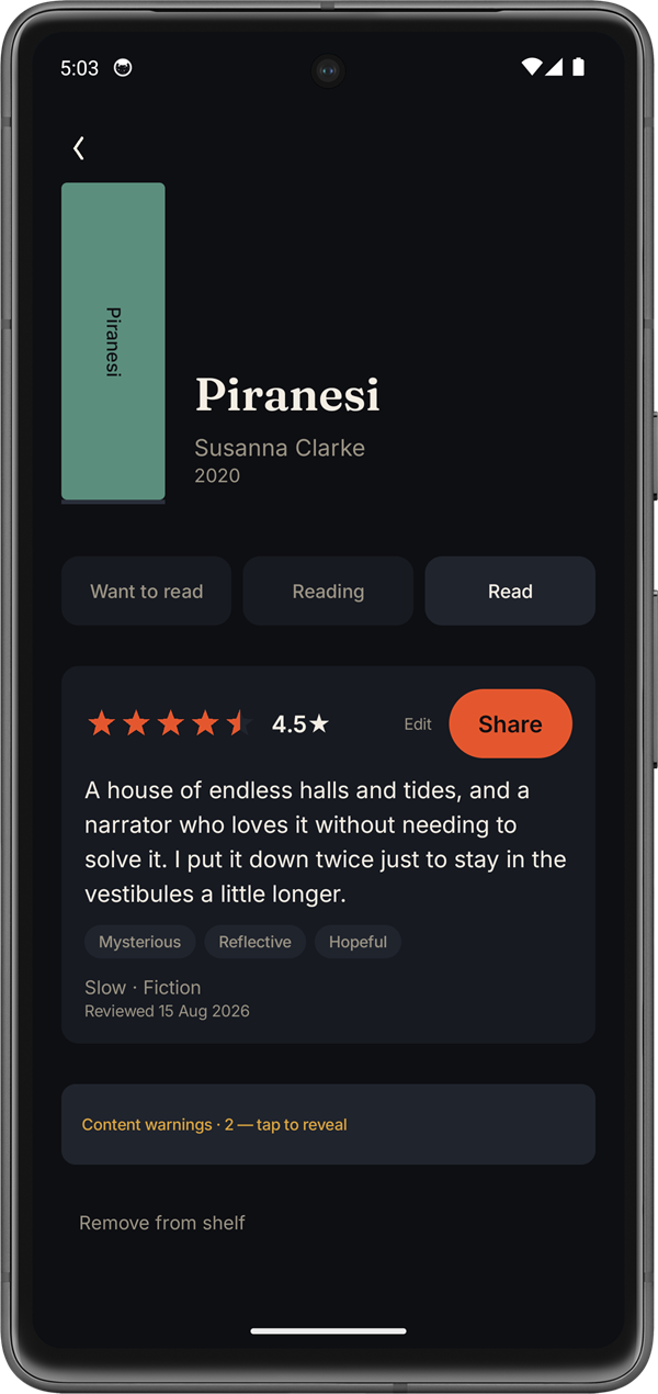 A book: half-star rating, mood tags, your review