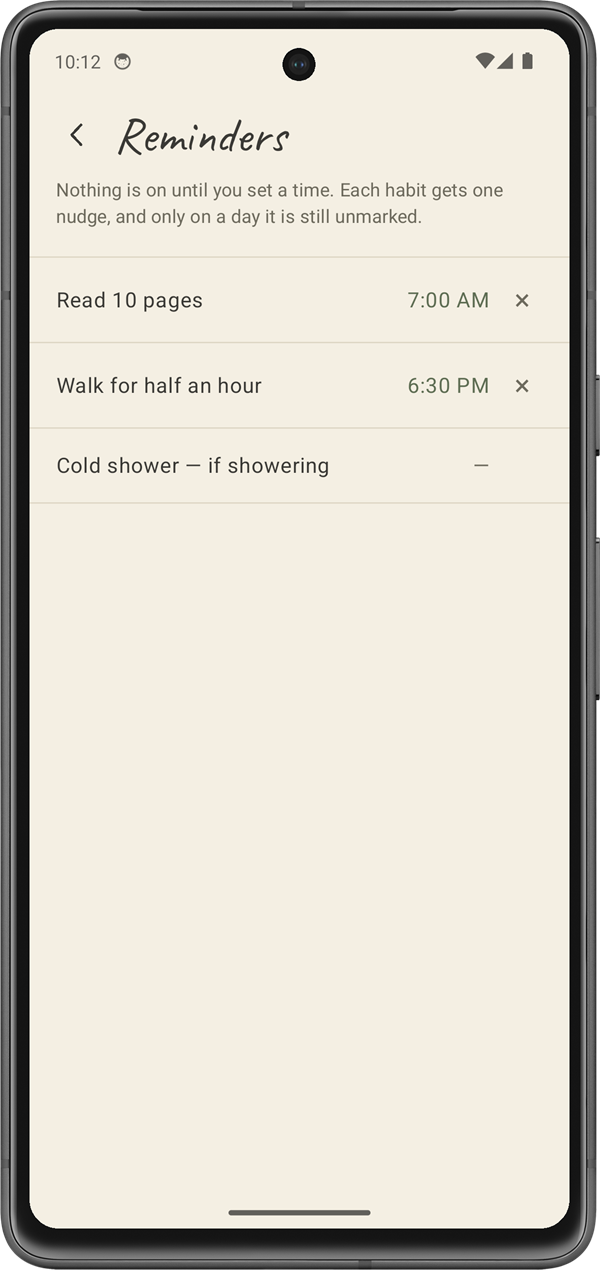 One reminder per habit, off until you set it