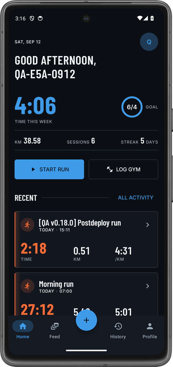 Home: this week, goal, streak and quick start