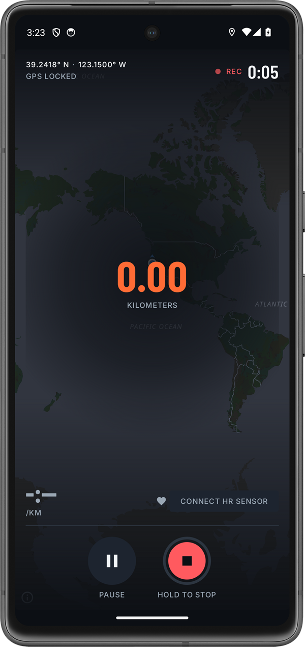 Live run: GPS locked, HR sensor, hold to stop