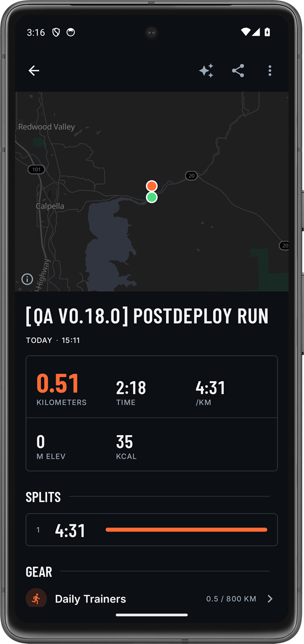 An activity: route, splits and the gear it wore