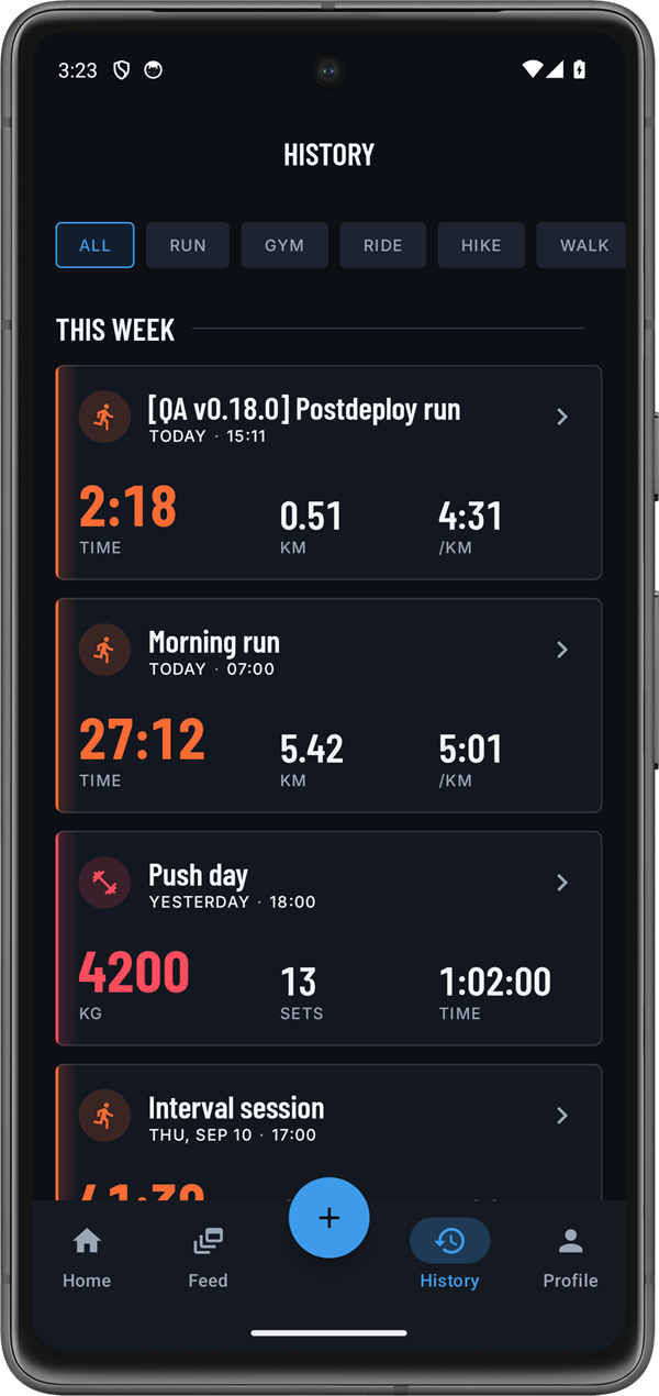 History across sports: runs, gym, rides